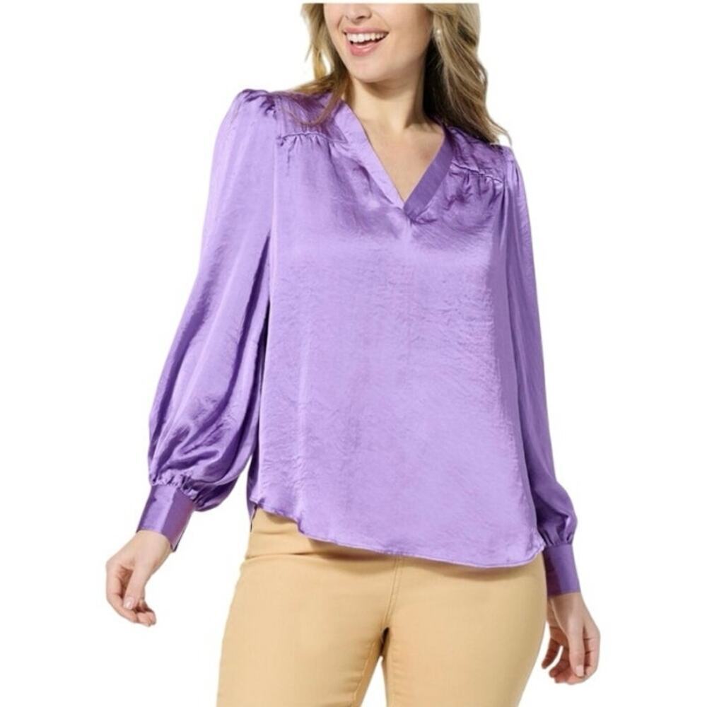 DG2 Diane Gilman Purple Satin Puff Sleeve V Neck Peasant Blouse 3X New